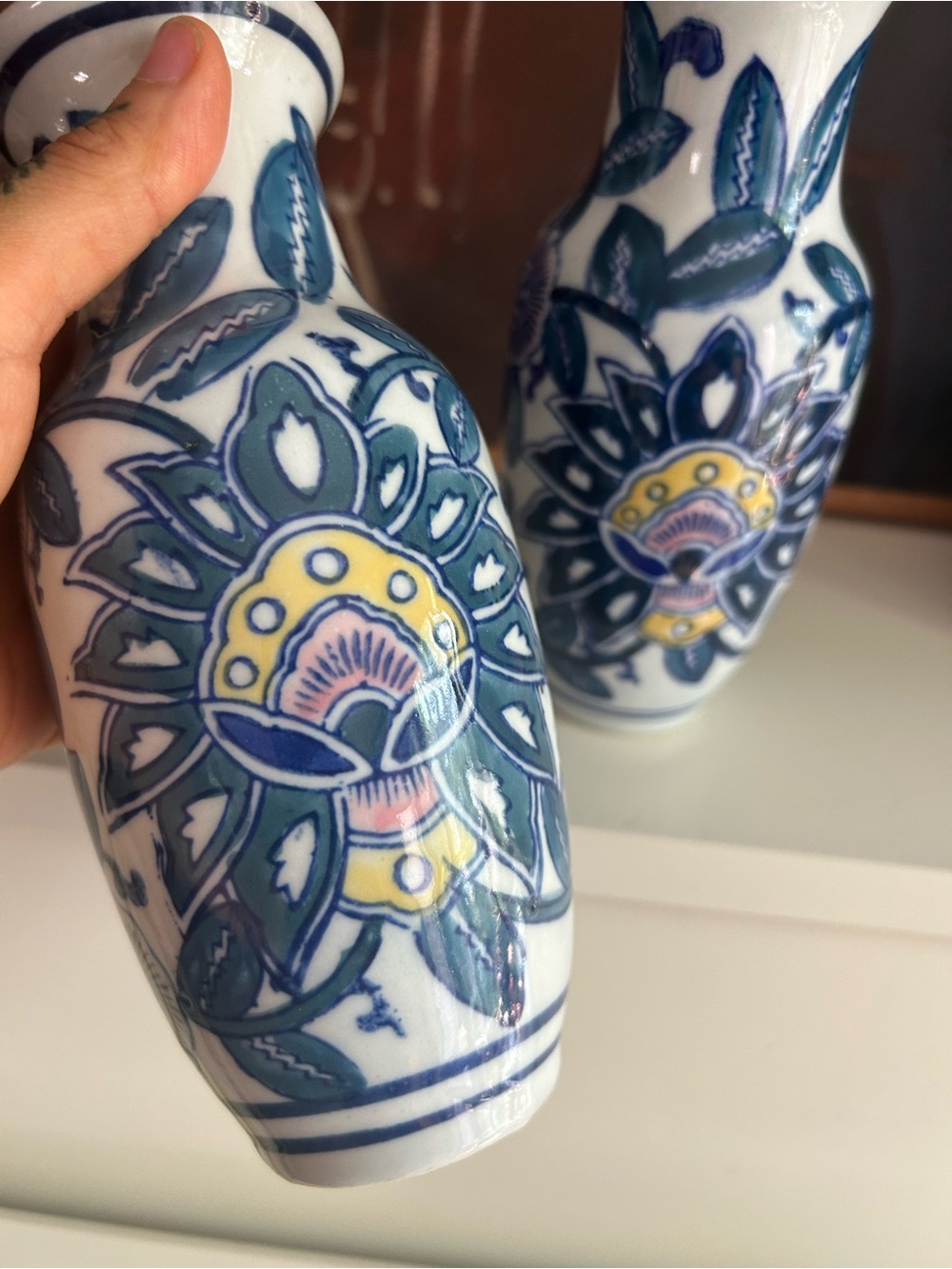 Pair Blue White Floral Ceramic Bud Vases Teal Pink Yellow Chinoiserie Decor - Picture 5 of 16